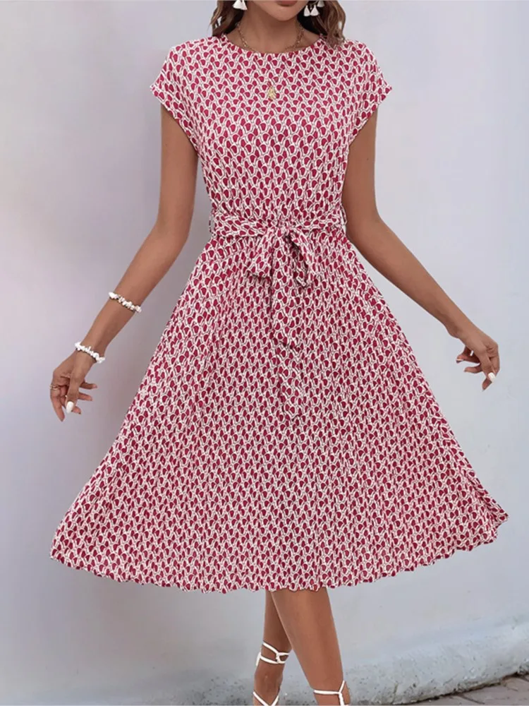 

Summer Women's Comfortable Casual Vacation Geometric Printed Pleated Dress Fashionable Simple Round Neck Mid-Waist Lace Dress