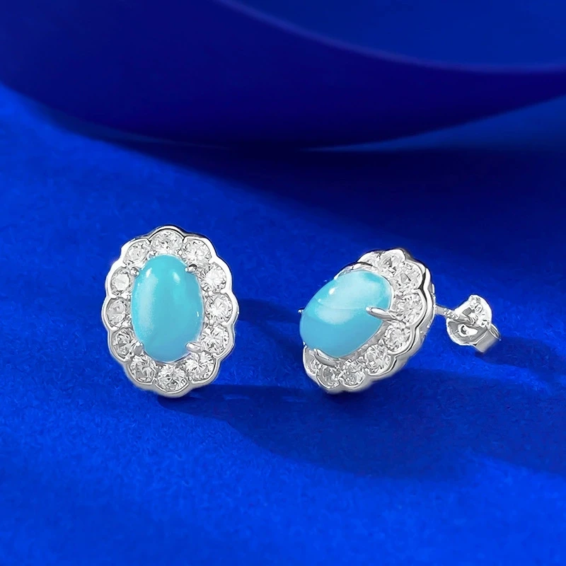S925 Silver-blue Romantic Egg-shaped Zircon Earrings Surrounded by Natural Sea-patterned Stone