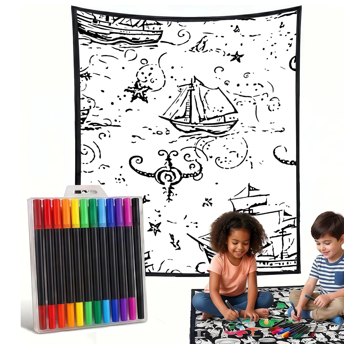 Home Textiles & Decorations - Blue Sailboats Stars DIY Cozy Coloring