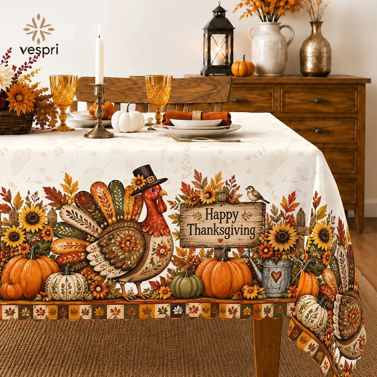 Whimsical Tablecloth with Turkeys & Cats for Indoor/Outdoor Camping decor, Rectangular/Round/Oval