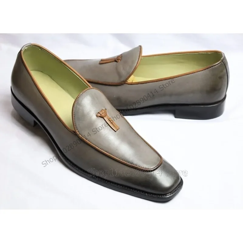 

Leather Tie Decor Gray Gradient Color Sqaure Toe Loafers Fashion Slip On Men Shoes Luxury Handmade Party Office Men Dress Shoes