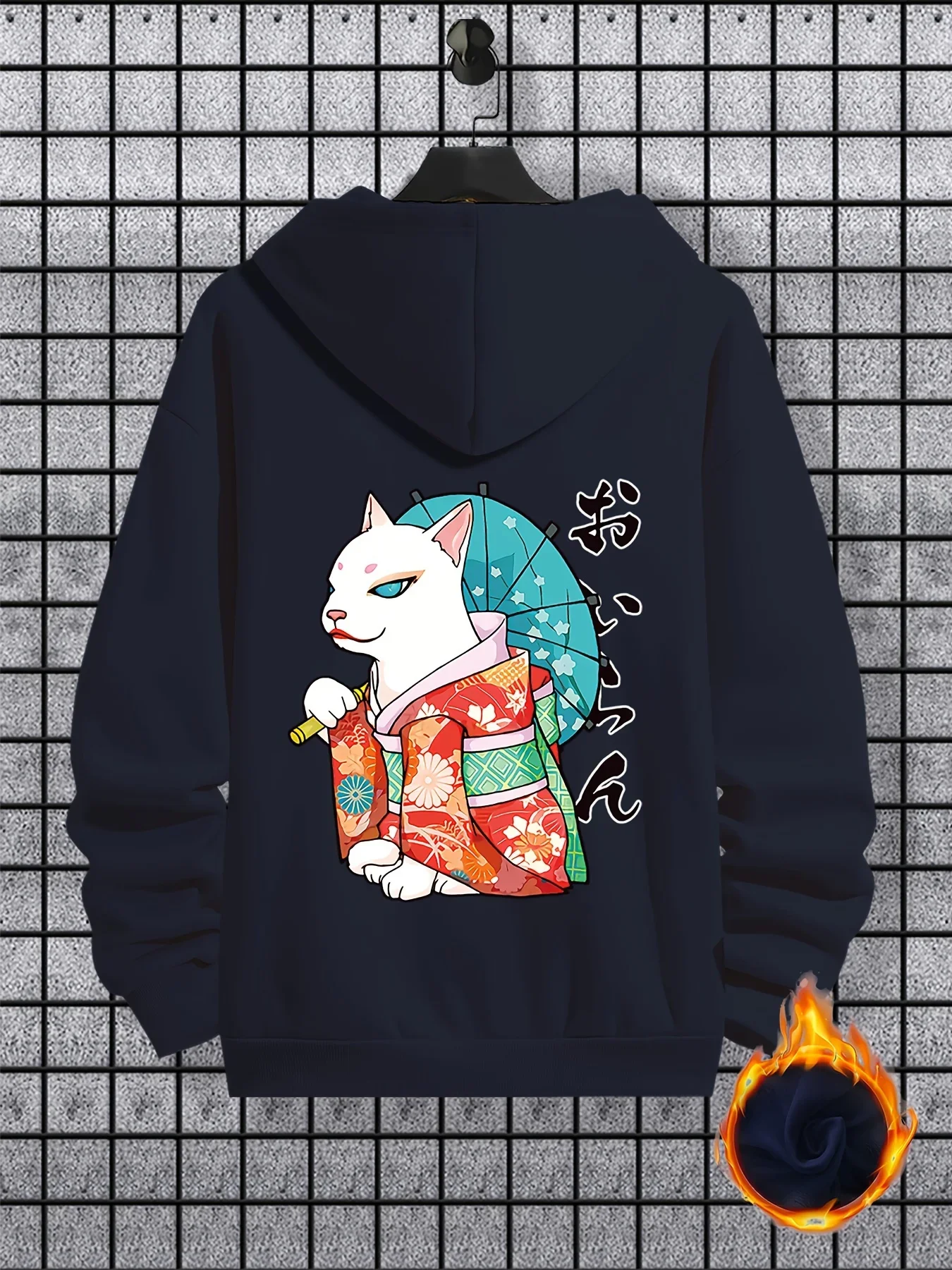 Ukiyo-e Samurai Cat With Kimono and Umbrella Hoodie Unisex Japanese Character Graphic Oversized Fleece Hooded Sweatshirt Hoody