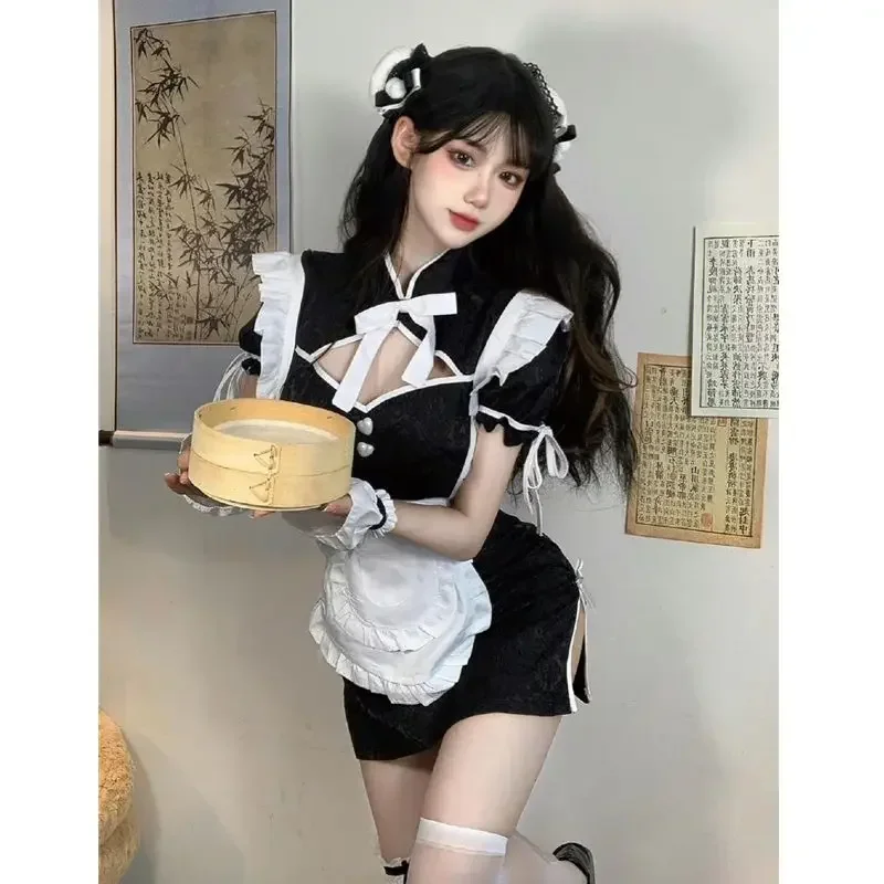 Anime meninas bonito chinês empregada qipao cosplay traje lolita altura fenda cheongsam vestido oco para fora camisola pijamas dropship