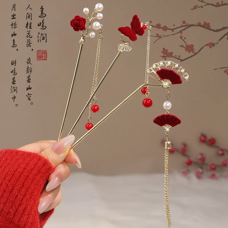 Vintage Chinese Style Rose Hairpin For Women Red Flower Element Tassel Hair Stick Elegant Exquisite Handmade Hair Accessories image 6