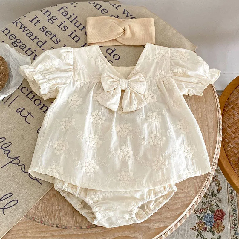2025 New Summer Infant Baby Girls Clothing Set Short Sleeved Cotton Embroidered Shirt+PP Shorts 0-3Yrs Children Clothes Suit