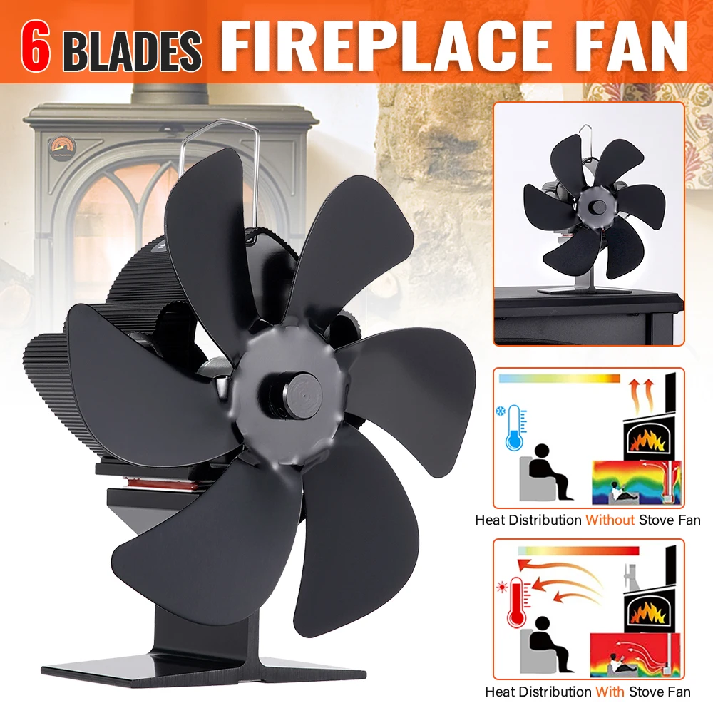 6 Blades Heat Powered Stove Fan Log Wood Burner Eco-fan Quiet Fireplace Fan Winter Warm Home Heater Efficient Heat Distribution