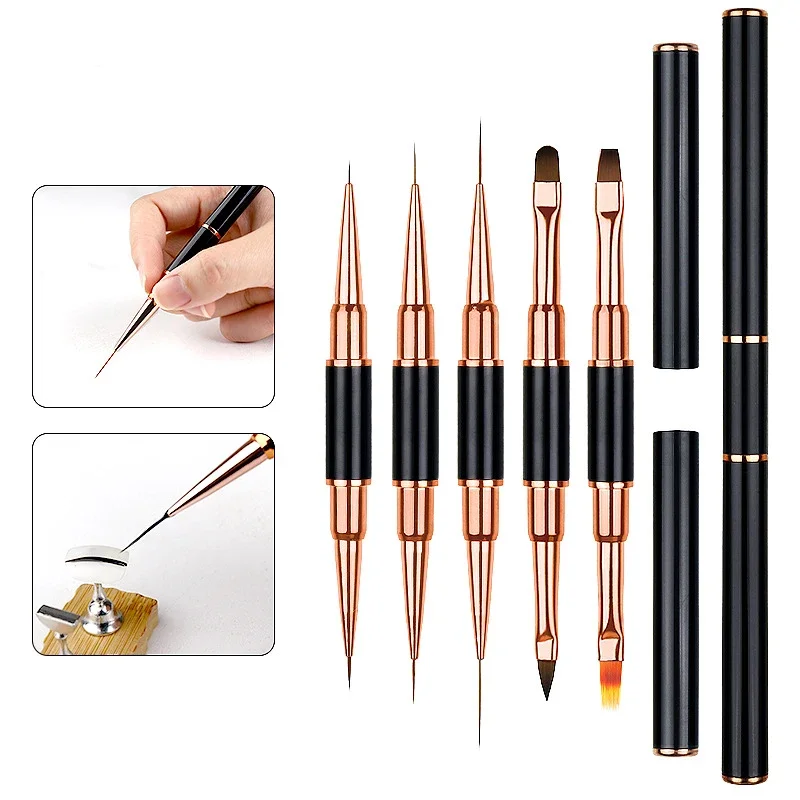 5Pcs Double Ended Nail Art Brushes Set Nylon Liner Flat 3D Gel Polish Painting Drawing 5/7/9/11/15/20mm Manicure Tool Salon DIY
