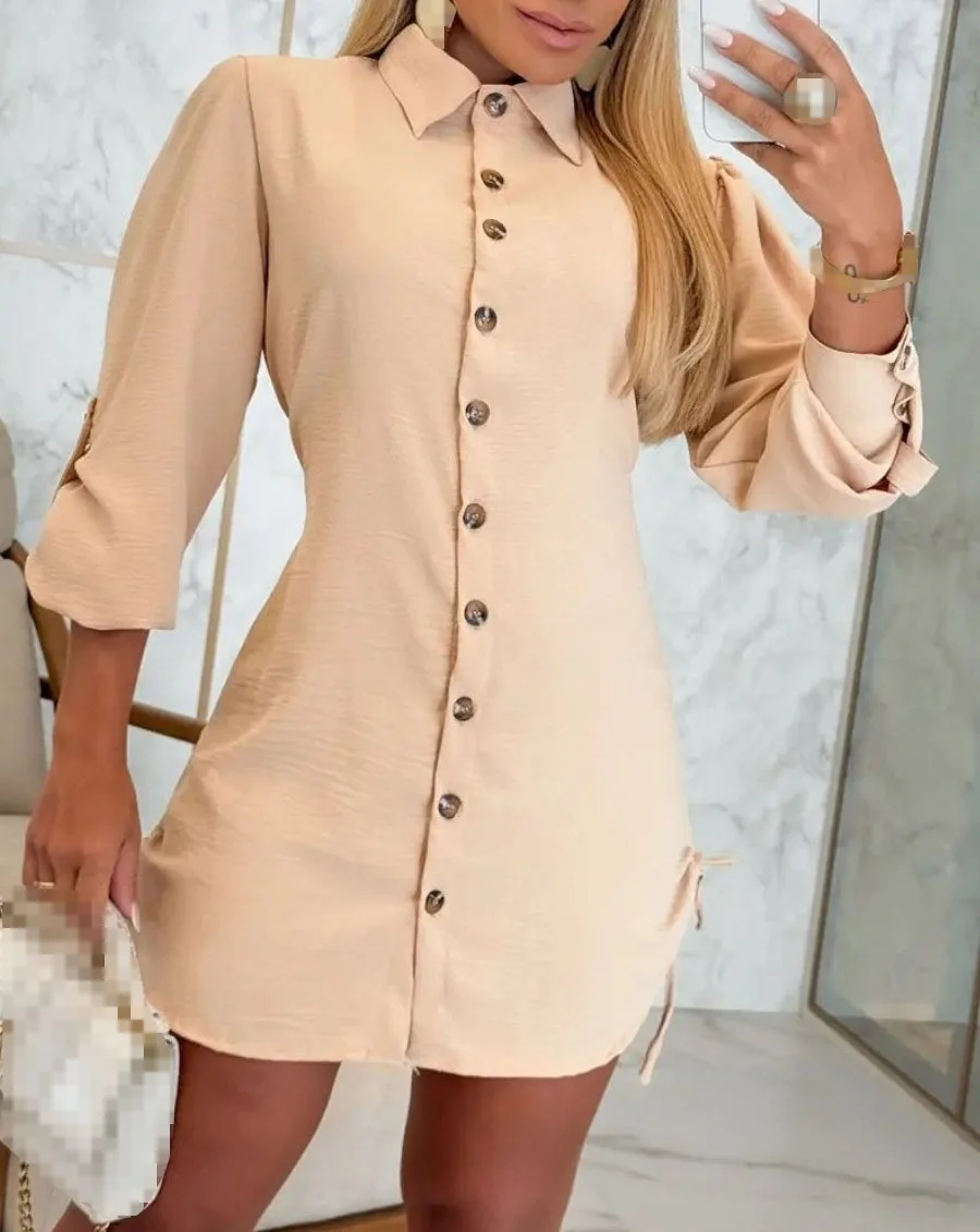 

Fashionable Women's Spring Autumn V-neck Dress Long-sleeved Solid Color Cardigan Drawstring On Both Sides Casual Loose Dress