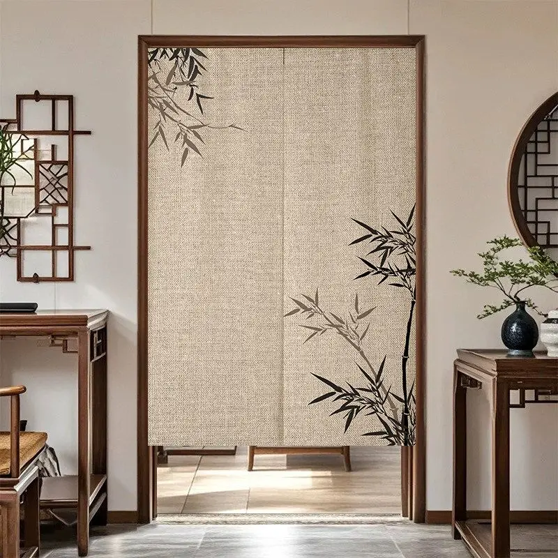 VIKAMA Ink Bamboo Plum Noren Door Curtain, Chinese Four Gentlemen Pattern, Vintage Japanese Style Kitchen Decor