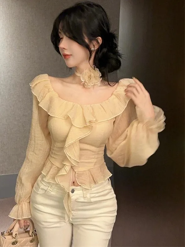 Sweet Ladylike Pure Desire One Shoulder Long Sleeve Shirt Sexy Personality Semi-Transparent Waist-Cinching Slimming Top