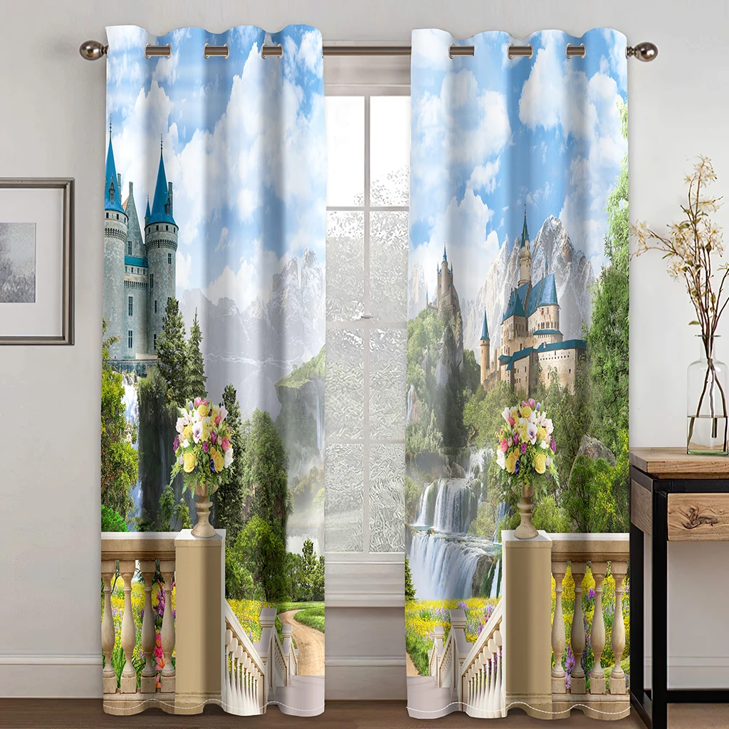 Castle Garden Landscape Manor Curtains Animal Bear Curtains 2 Panel Living Room Bedroom Balcony Kids Room Study Room Decor