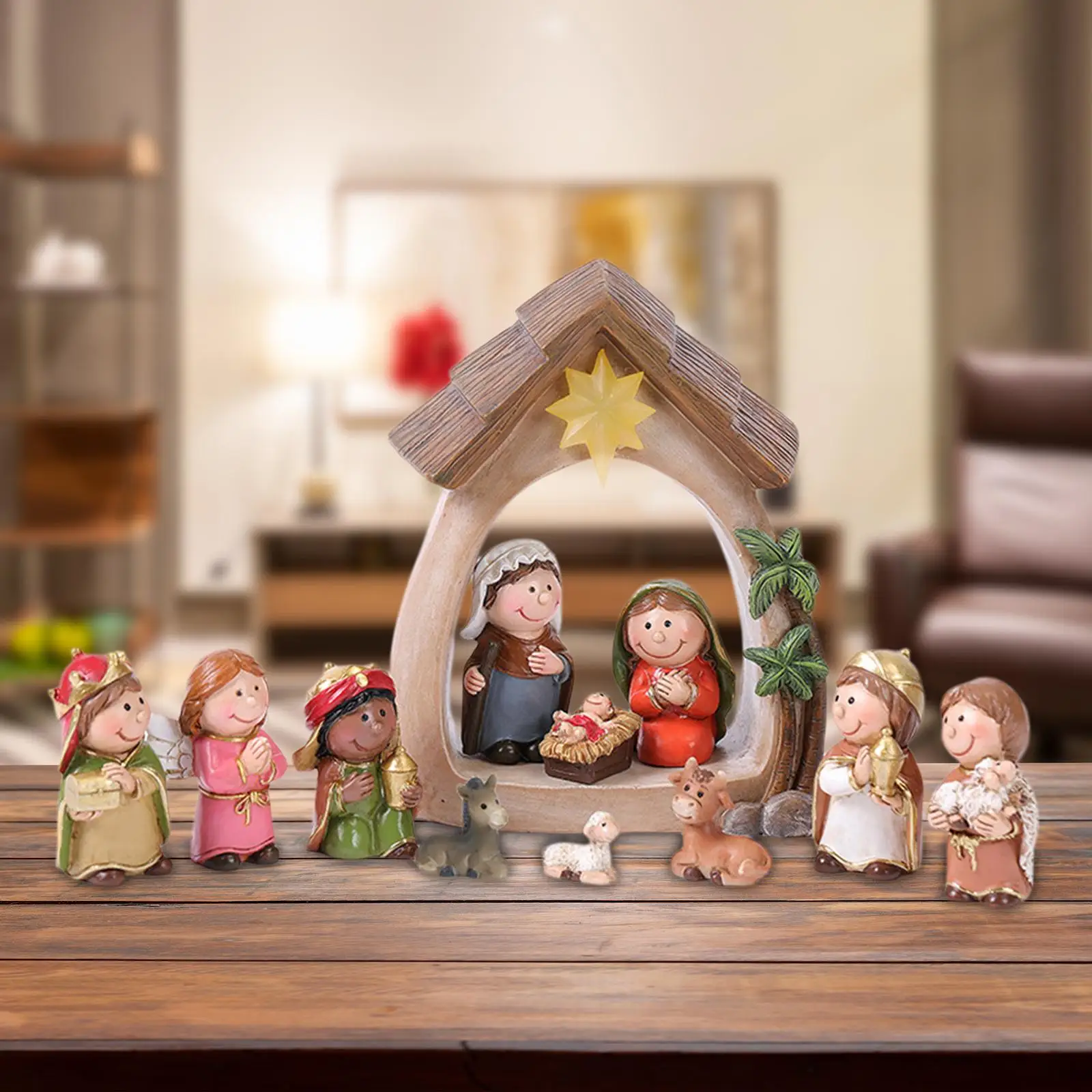 12Pcs Christmas Nativity Figurines with Light Resin Holy Family Birth of Jesus for Christmas Tabletop Church Shelf Chapel