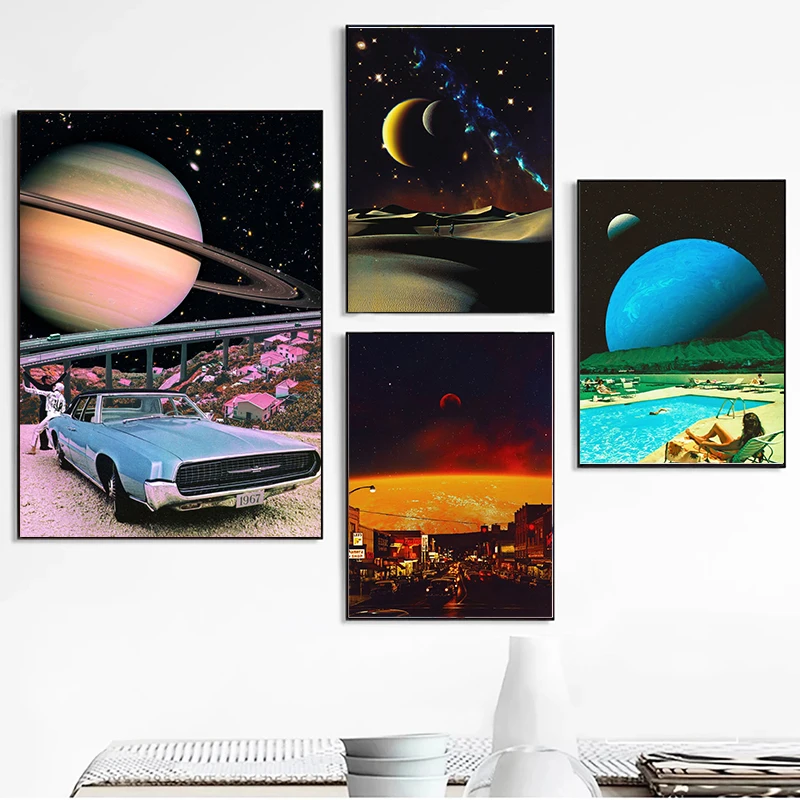 Retro Space Back On The Road Canvas Paintings Green Moon Posters and Prints Wall Art Pictures for Living Room Decoration Cuadros