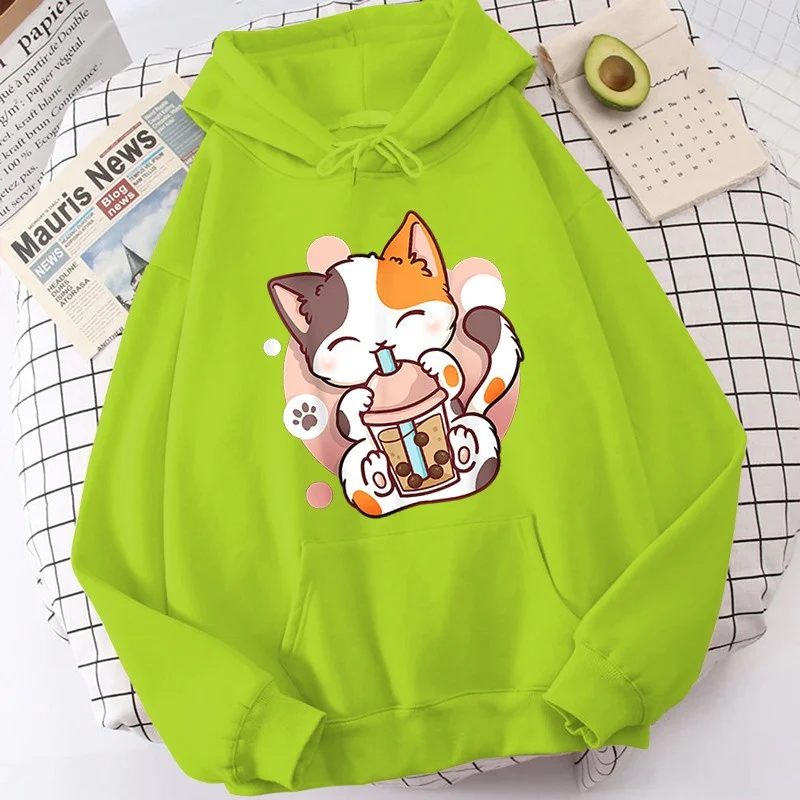 Cat Boba Tea Hoodies For Women Autumn And Winter Casual Sports Ladies Hoodie Tops