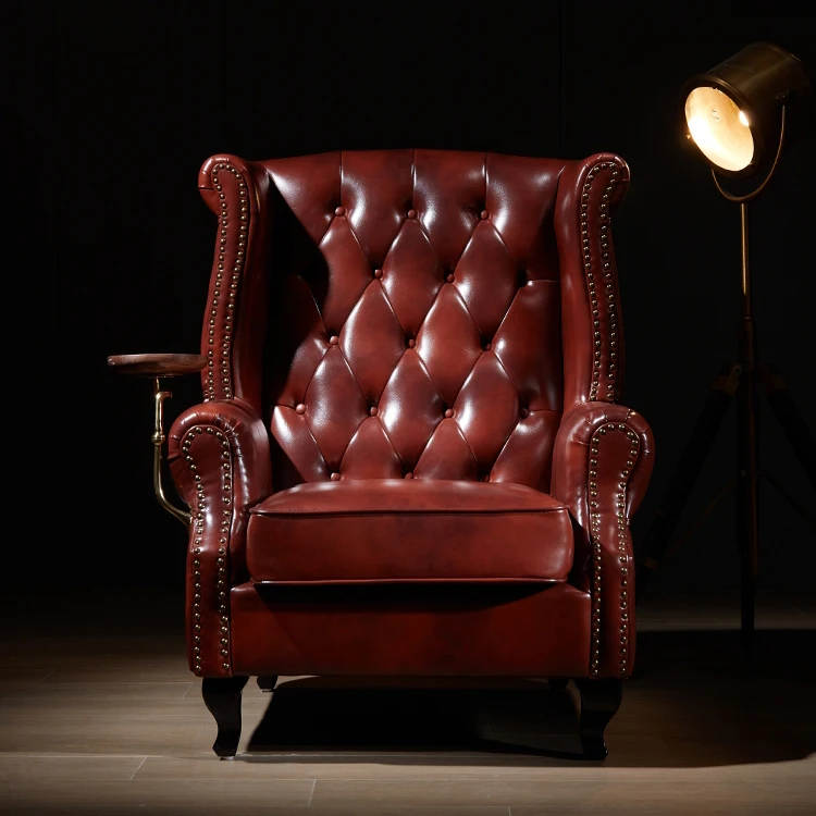 #American Style Wood Frame Upholstered Genuine Leather Armchair Brown Wingback Chair