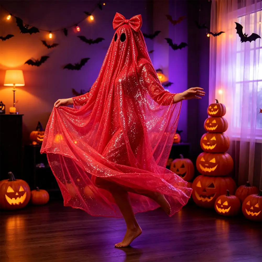 Sequin Ghost Poncho Cape for Women Cute Halloween Lightweight Mesh Pullover Robe for Cosplay Party Holiday
