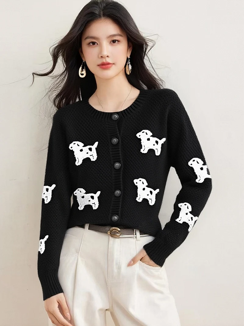 

2025,New,European,Clothes,Fall,Winter,Sweater,Fashion,Sexy,O-Neck,Women,Long Sleeve,Knitted,Cute,Dog,Cardigan,Button,Tops,510043