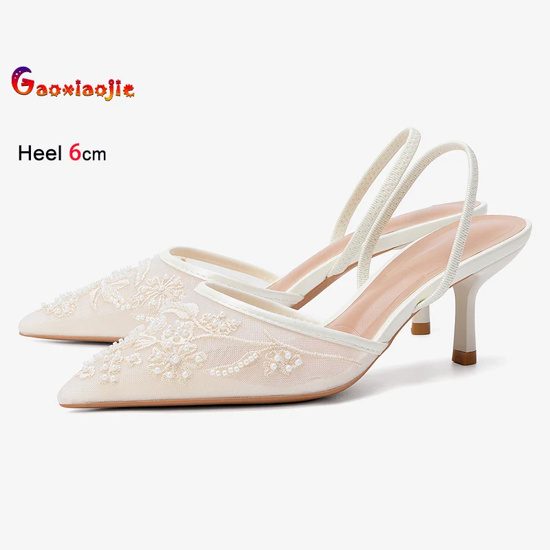 

White Lace Mesh Shallow 6CM Stilettos Woman Pointed Slingback Sandals Summers Elegant Ladies Shoes Beading Embroidery High Heels