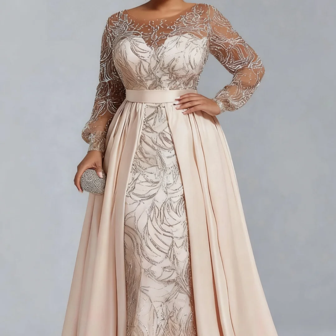 Luxurious Long Sleeve Beaded A-Line Hem Bridal Mother Dress Shimmering Round Neck Mother of the Bride Dress Customized