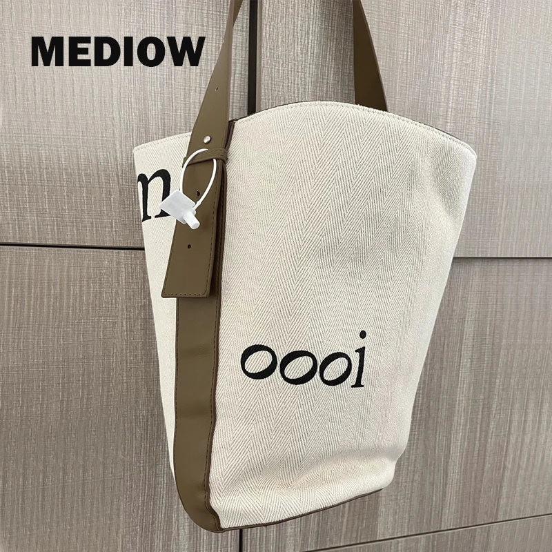 

MEDIOW Preppy Style Bucket Bags For Women Luxury Designer Handbag And Purse 2023 New In PU Canvas Letter Decoration Shoulder Bag