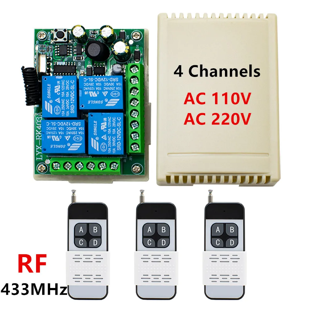 Wireless RF Switch AC 110V 240V 220V 4CH Relay Receiver Module+4 Button RF Remote Control 433Mhz Transmitter for Garage Car Gate