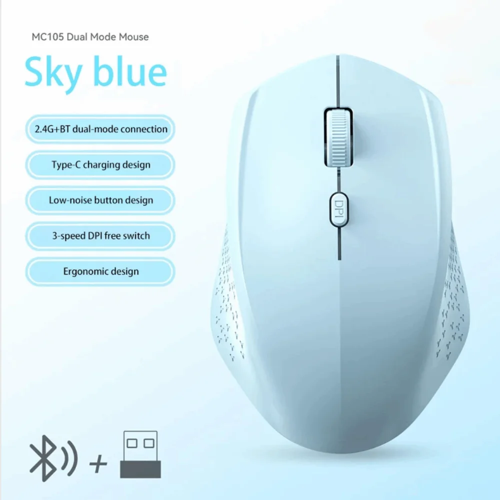 Mouse de carregamento sem fio Bluetooth de modo duplo ergonômico silencioso laptop sem fio mouse mudo receptor USB