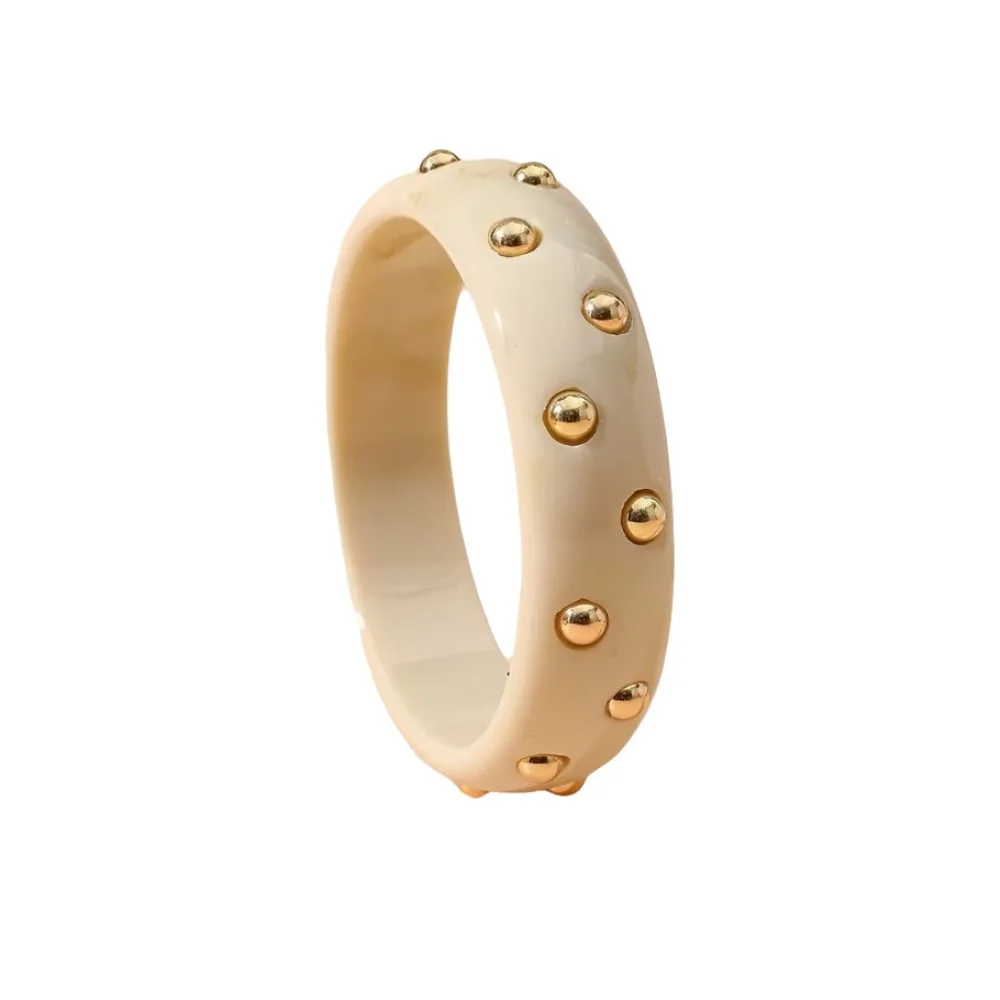 Vintage Inlaid Beads Geometric Chunky Bangle Gold Beads Round Wide Width Acrylic Bangle Resin Stackable Wide Bracelets Women