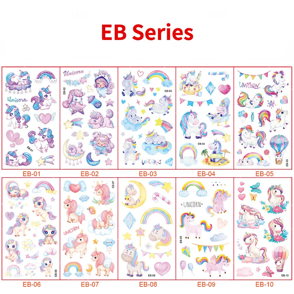 10Sheets/lot Children Cute Cartoon Unicorn Temporary Tattoo Stickers Baby Shower Kids Body Makeup Sticker Tattoos Mermaid Party