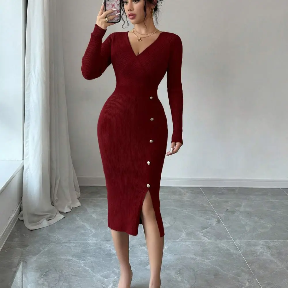 Womens French Knit Dress Slim Bodycon Autumn Winter Long Sleeve V Neck High Waist Elegant Office Commuter Maxi Dresses