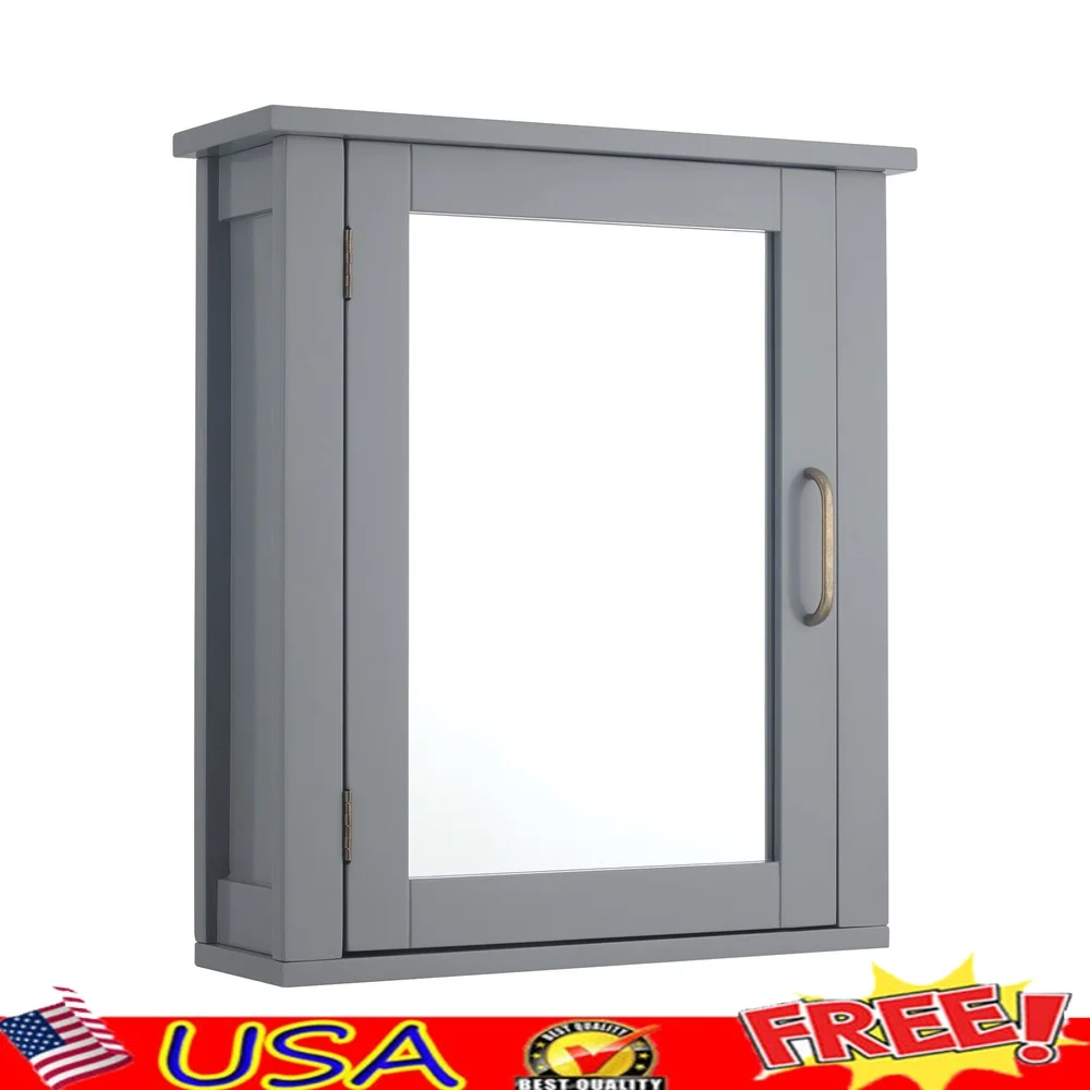 

Mid Century Modern Wooden Wall-Mount Medicine Cabinet Adjustable Shelf Mirror Door Brass Pull Durable MDF Bathroom Storage