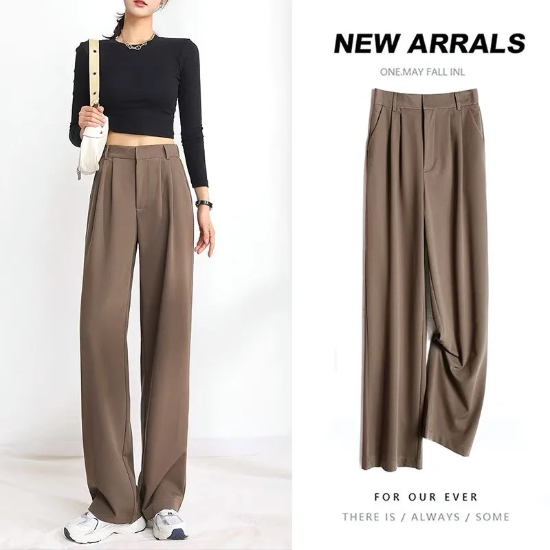 Brown Wide-Leg Pants for Women Spring Autumn Classic All-Matching Straight Casual Pants High Waist Loose Suit Pleated Trousers