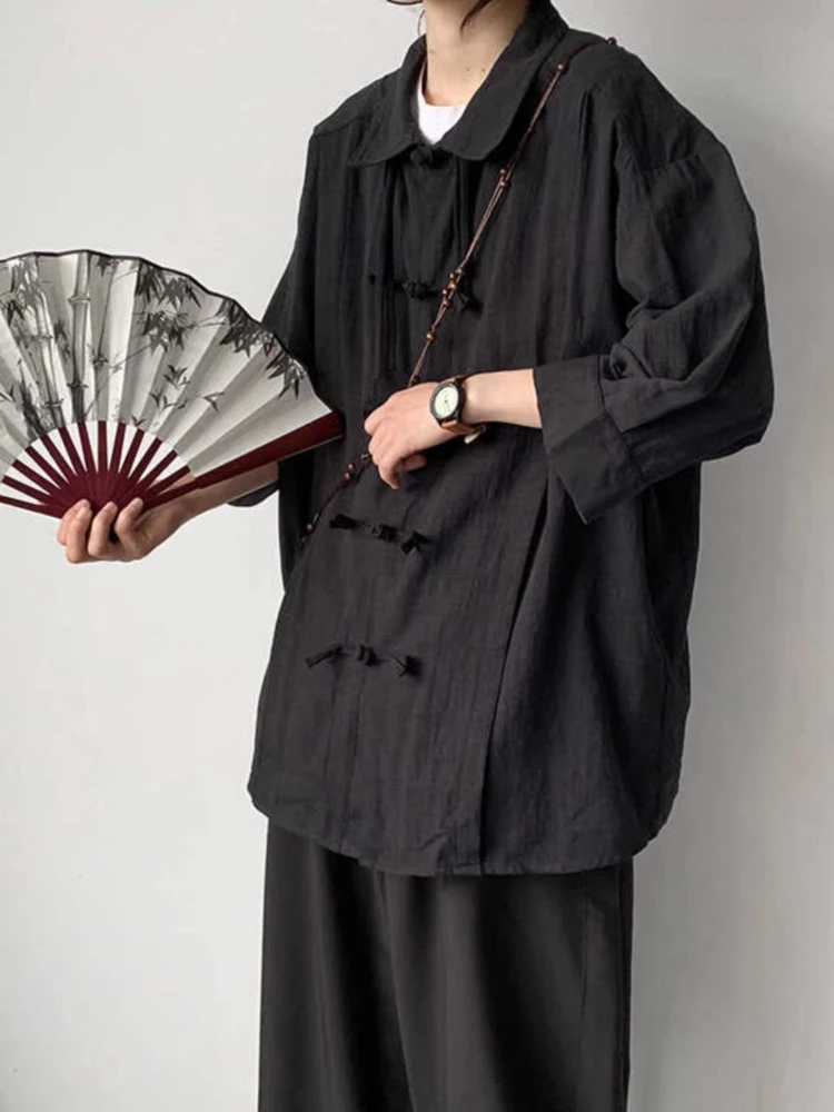 Vintage New Chinese Style Frog-button Linen Cotton 3/4 Sleeve Shirt for Men, Summer Loose Casual Retro Breathable Daily Shirt