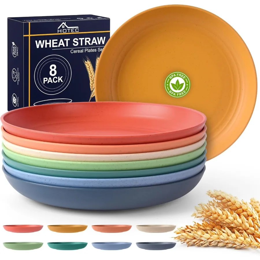 

8Pack 10inch BPAFree Unbreakable Deep Dinner Plates Made from Wheat Straw Plastic Dishwasher Safe Kitchen Dinnerware Set with M