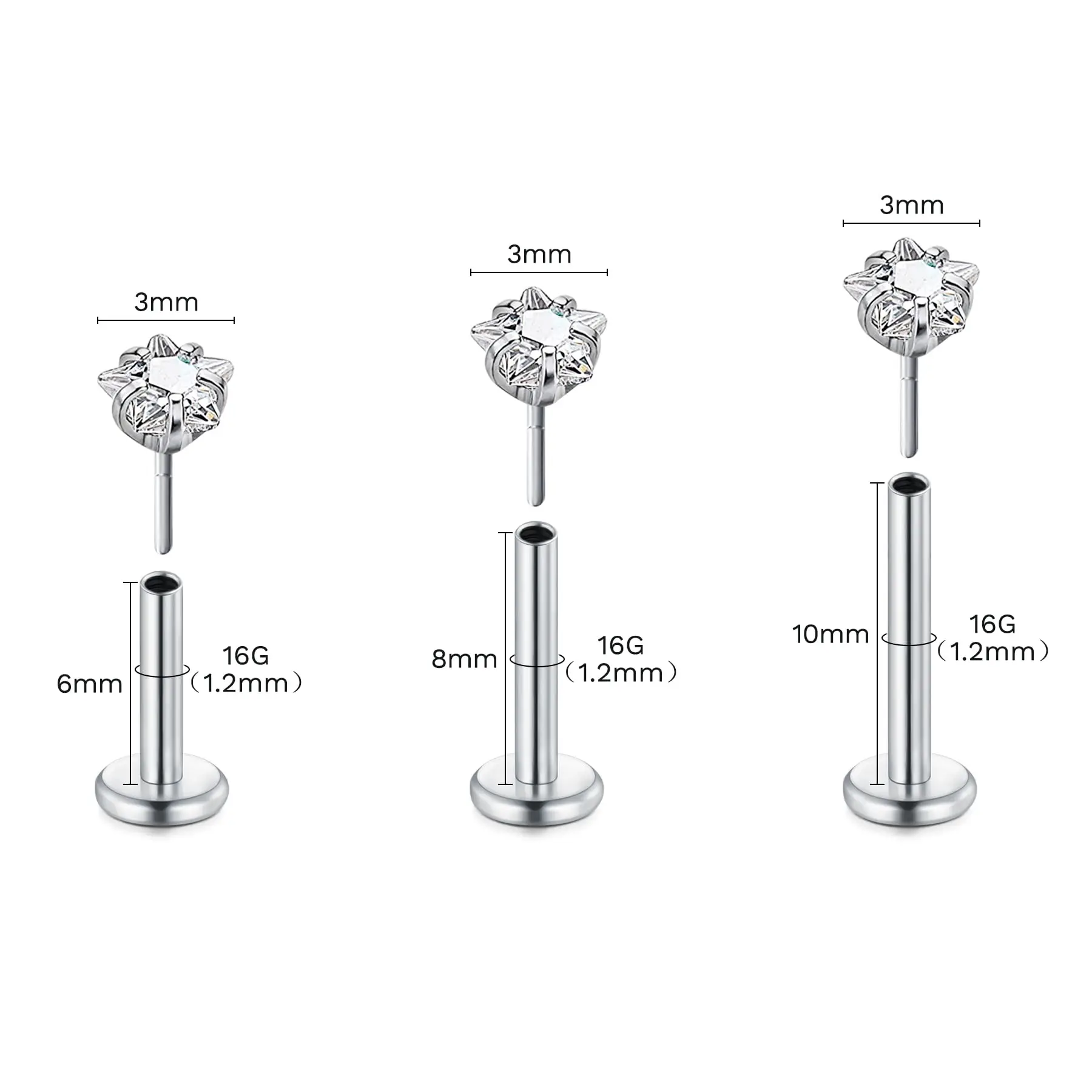 6pcs Threadless 16G Round Star CZ Surgical Steel Lip Rings Tragus Earrings Piercing Jewelry for Women Men 6mm 8mm 10mm Silver