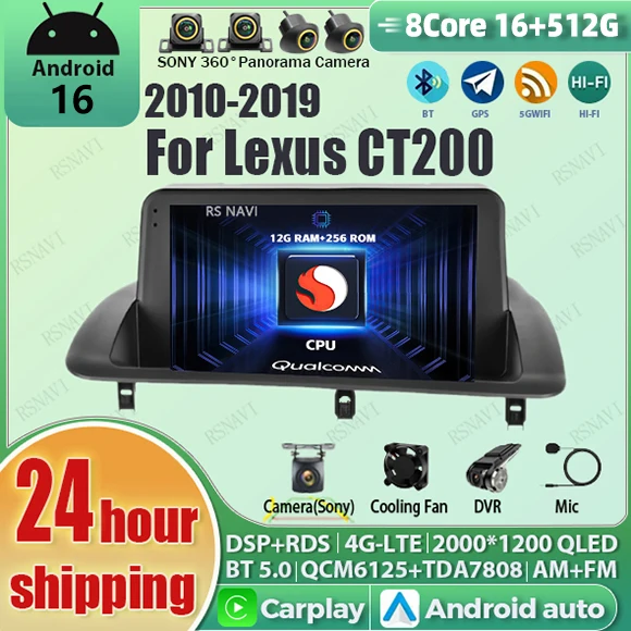 Android 16 Carplay Auto Qualcomm 2K QLED Screen Car Radio Player For Lexus CT200 2010-2019 GPS Wifi Stereo Multimedia Nvigation