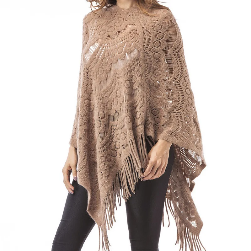 

5 Colors Women Hollow Out Crochet Lace Capes Tassel Loose Shawl Poncho Autumn Knitted Long Sweater Outstreet Pullover Knitwear