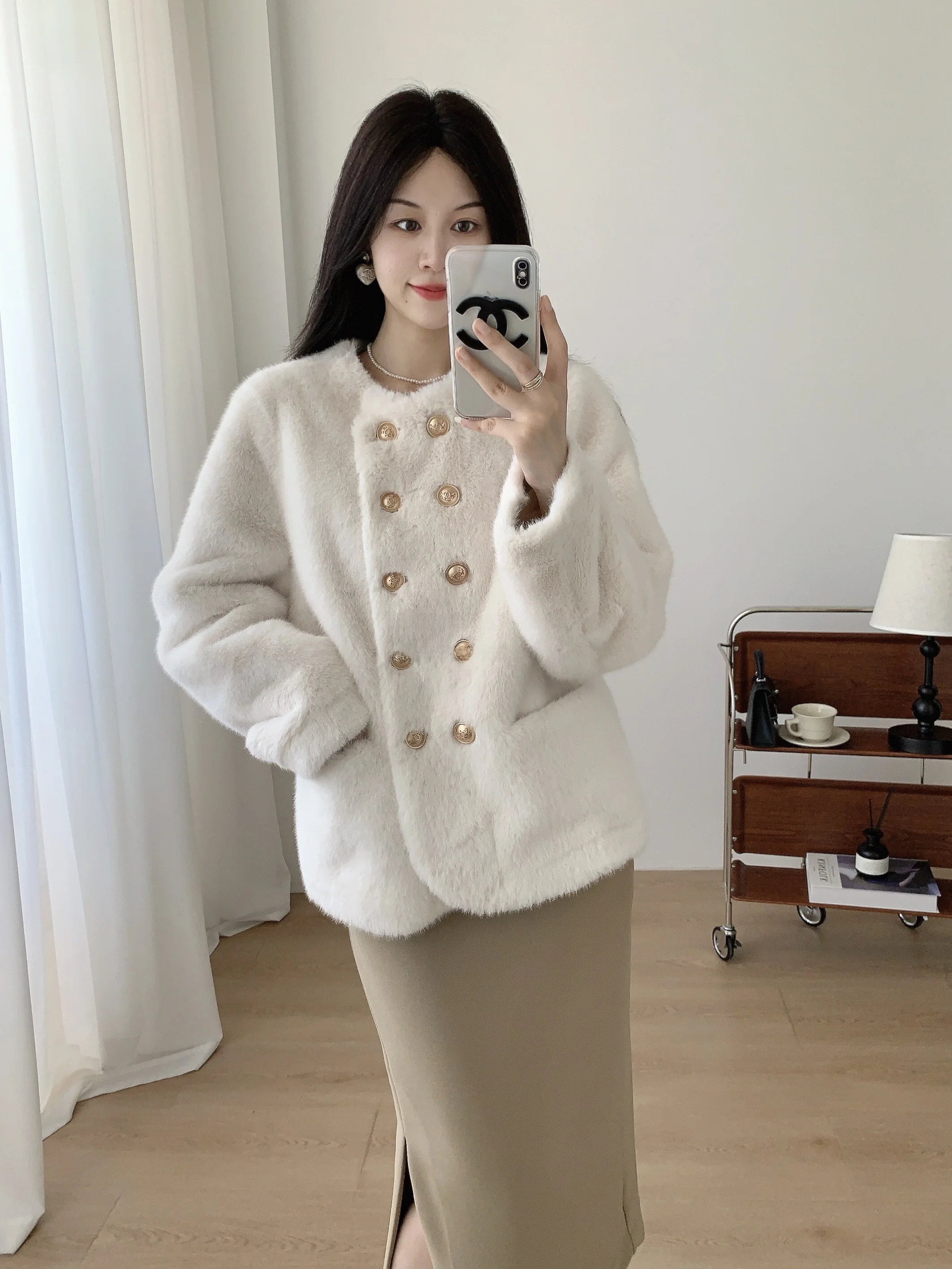 2024 New Double Breasted Solid Environmental Protection Mink Women's Coat Fur Outerwear Sable Fur Fashion Korean Series Outdoor