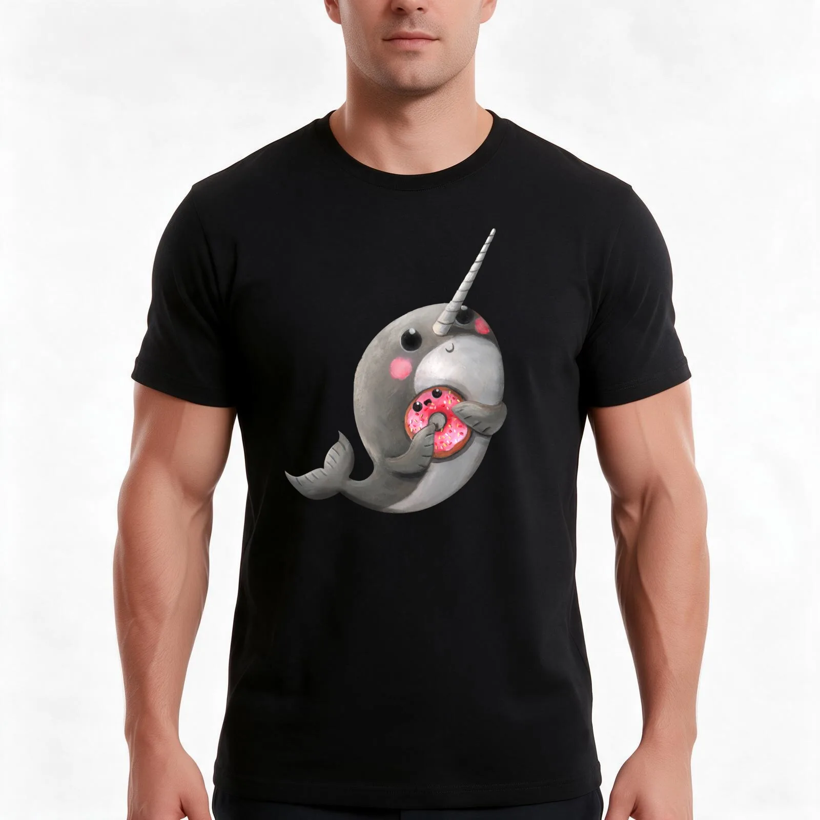 Cute Narwhal with donut T-Shirt, Summer Casual Cotton Tee, Oversized Streetwear Tops, Vintage Graphic Print, Unisex Men Women