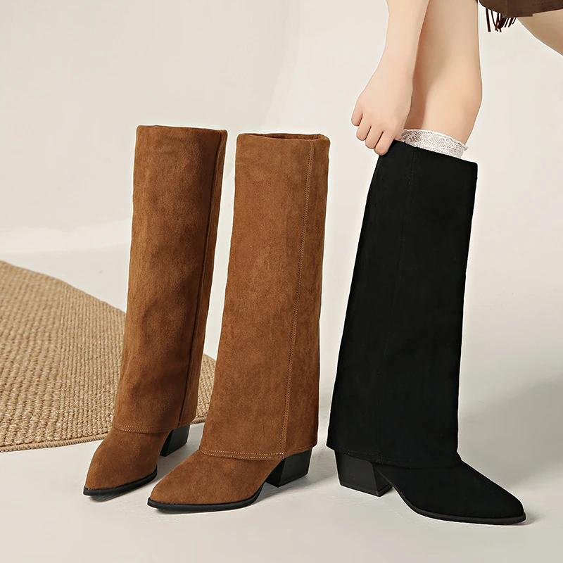 Новый стиль, осенне-зимние облегающие сапоги до колена на высоком каблуке, модные женские остроконечные сапоги, женские сапоги средней длины Новый стиль, осенне-зимние облегающие сапоги до колена на высоком каблуке, модные женские остроконечные сапоги, женские сапоги средней длины