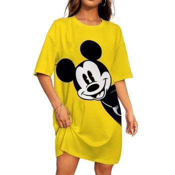 Image Disney Mickey Mouse Elegant Party Women's Dress Loose Round Neck Short Sleeve Casual Straight Dress Summer Mickey Mouse Pattern