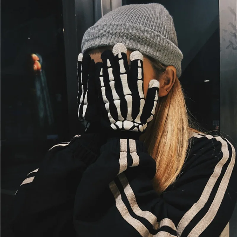 2022 Halloween Đồng Hồ Nam Găng Tay Nửa Ngón Mới Punk Phát Sáng Trong Bóng Tối Fingerless Dệt Kim Mùa Đông Găng Tay Hở Ngón Dành Cho Unisex