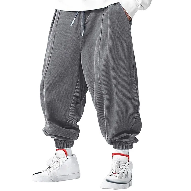 Autumn Winter Men's Washed Corduroy Loose Sweatpants Jogger Harajuku Drawstring Elastic Waist Baggy Harem Nine Pants