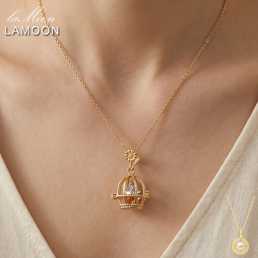 

LAMOON Natural Garnet Gemstone For Women Retro Exquisite Birdcage Pendant Necklace 925 Sterling Silver Gold Plated Jewelry NI288