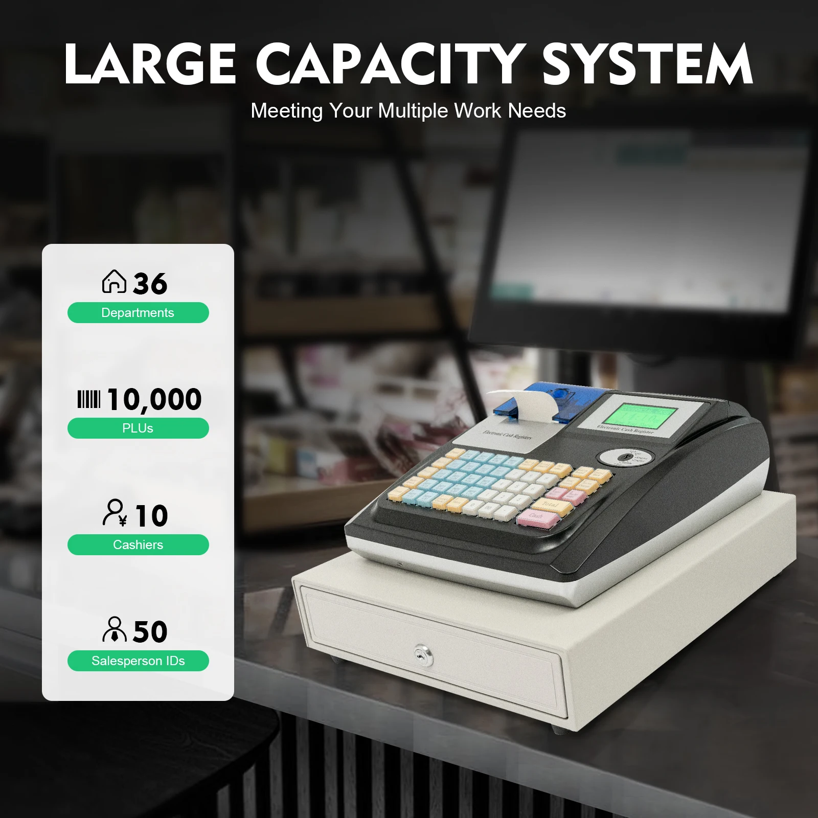 نظام تسجيل المدفوعات النقدية POS ذو 48 مفتاحًا مع شاشة مزدوجة ومثقّح الأوراق النقدية - ماكينة تسجيل النقود الإلكترونية لمتجر مطعم البيع بالتجزئة #4