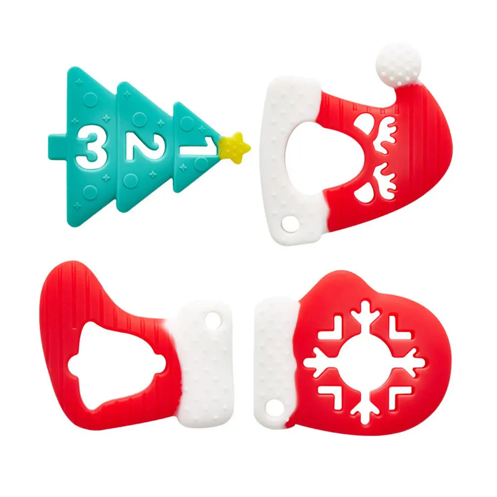 4개입 아기 치발기 실리콘 소프트 유아용 츄잉 치아 통증 완화 안전 크리스마스 치발기 신생아 유아 통증 진정 선물