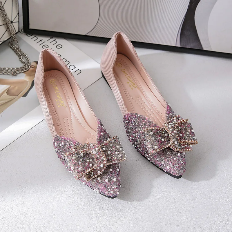 Women/girl's Crystal Bowknot flat shoes pointed toe glitter ballet flats  elegant ladies pearl wedding shoes34-43big size loafers - AliExpress 322