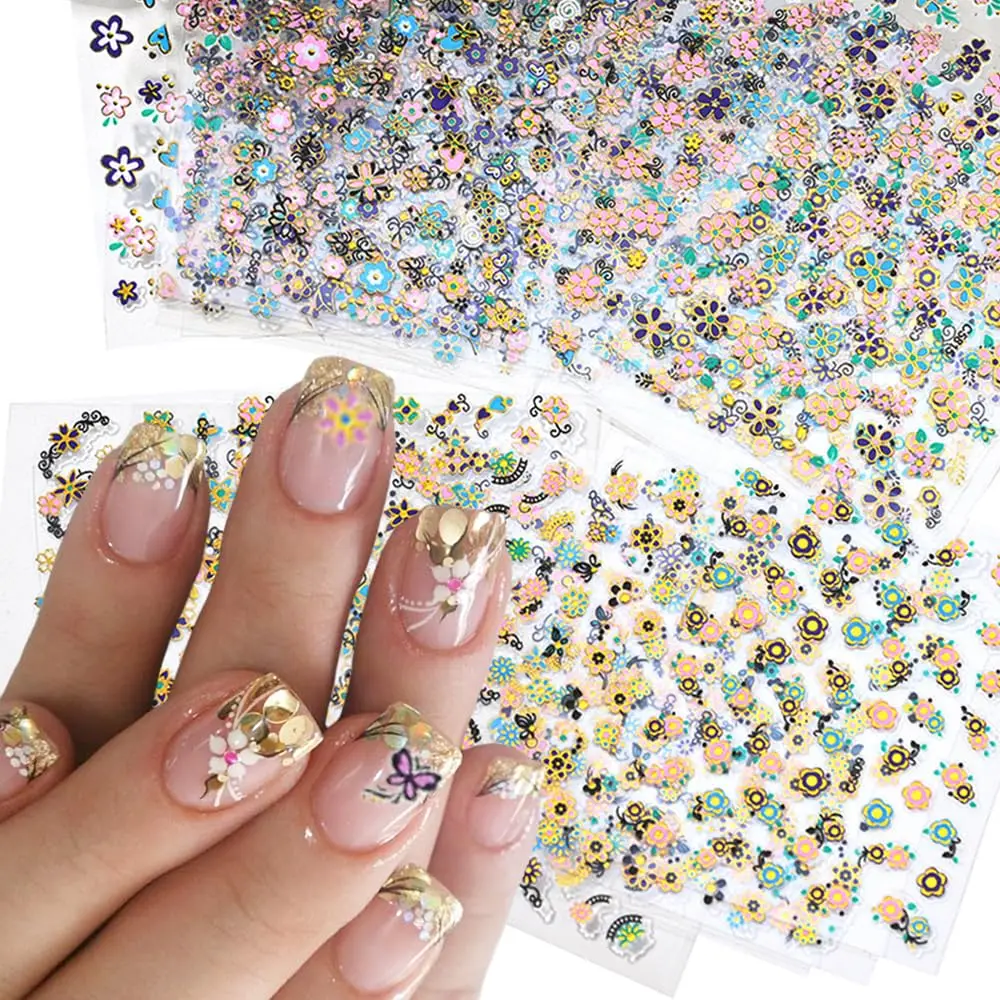 30pcs Bronzing Flower Nail Art Sticker 3D Self-Adhesive Nail Sticker Pink Blue Heart Daisy Nail Decal  Nail Charm