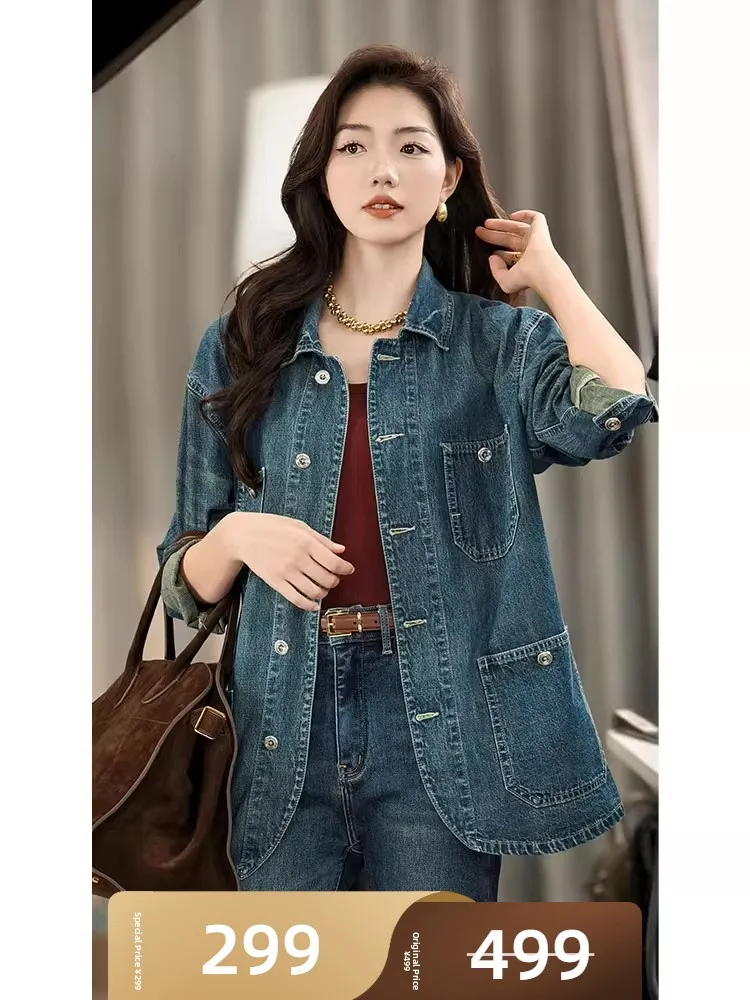 

Meiyang Waed Denim irt Long Sve Collar ket Женское повседневное хлопковое пальто стандартного кроя Faion Осенняя одежда