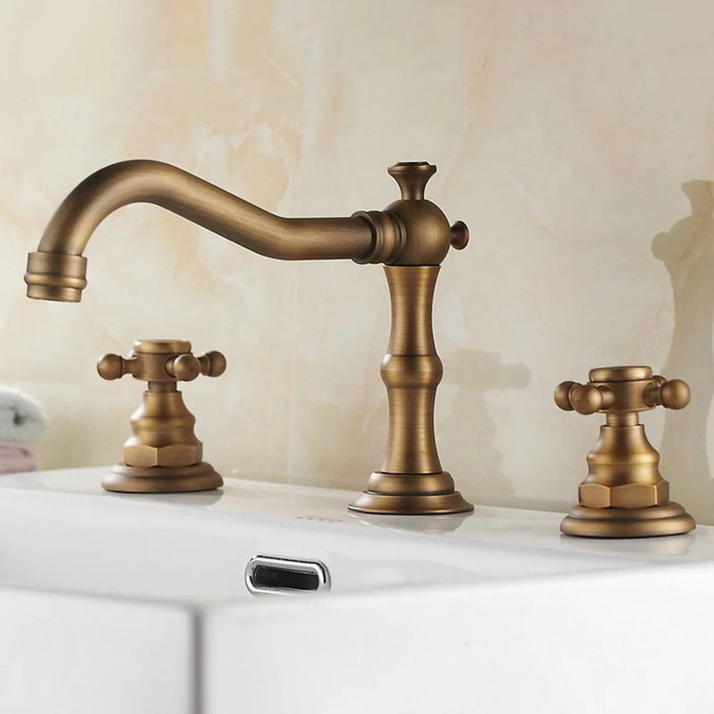 Bathroom Basin Faucet Antique Brass Bathroom Basin Mixer Tap Sink Faucet Double Handles 3 Hole Bathroom Basin Faucet zan026