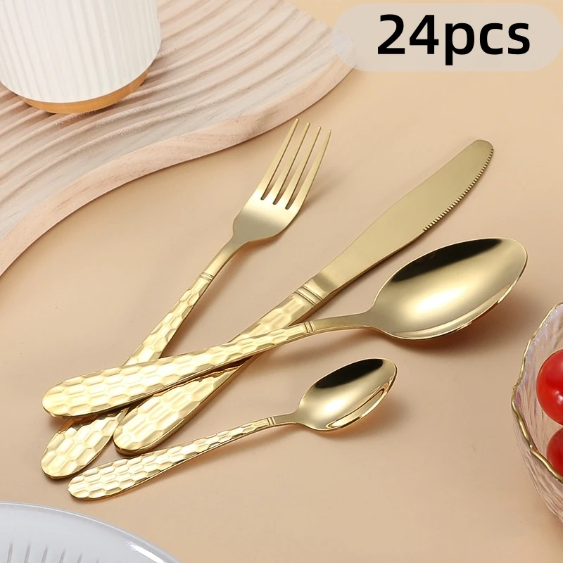 Stainless steel cutlery cutlery set vintage relief spoon fork, suitable for parties, weddings 24pcs